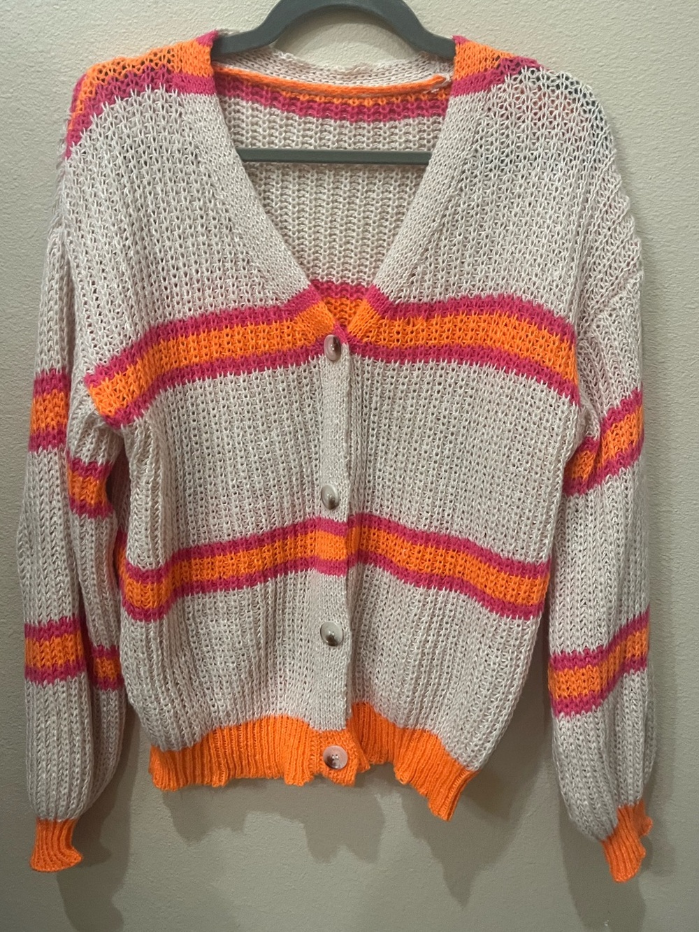 Open-Knit Cream Cardigan with Pink and Orange Stripes